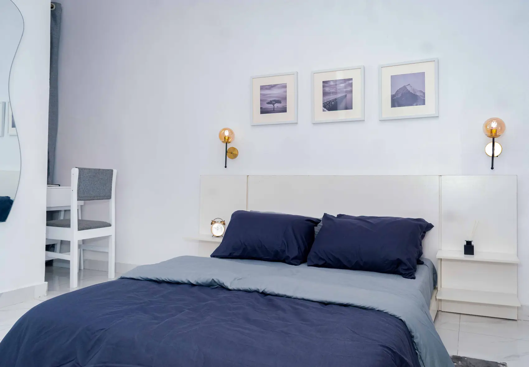 Timeless Muse — white and navy bedroom set